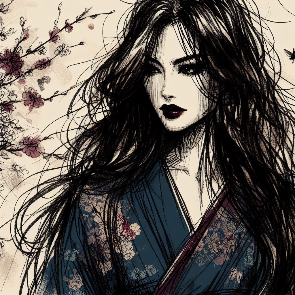 Portrait stylisé en noir et blanc d'une femme en kimono avec des motifs floraux, évoquant une mystérieuse légende japonaise.