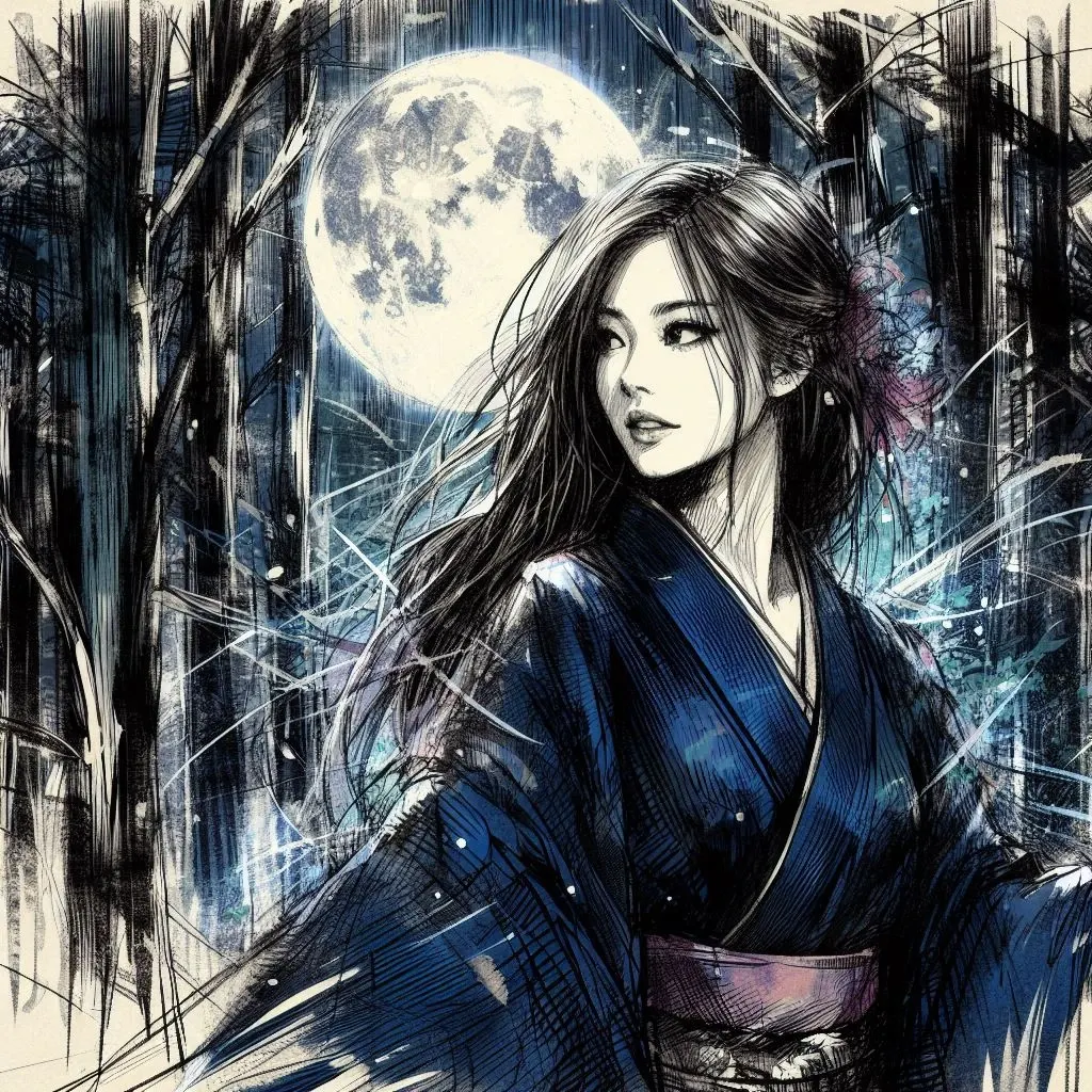 Illustration artistique d'une jeune femme en kimono bleu nuit, aux longs cheveux noirs, dans une forêt nocturne éclairée par une pleine lune brillante