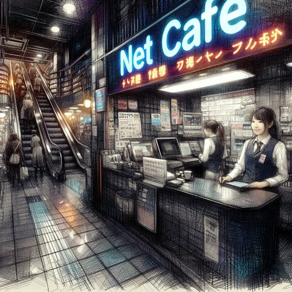 Accueil d'un net cafe japonais la nuit avec une employée derrière le comptoir