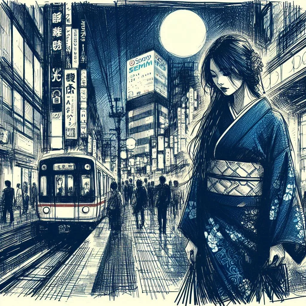 Komayō en kimono bleu dans une rue nocturne d'Osaka, entourée d'enseignes lumineuses et d'un métro sous la pleine lune