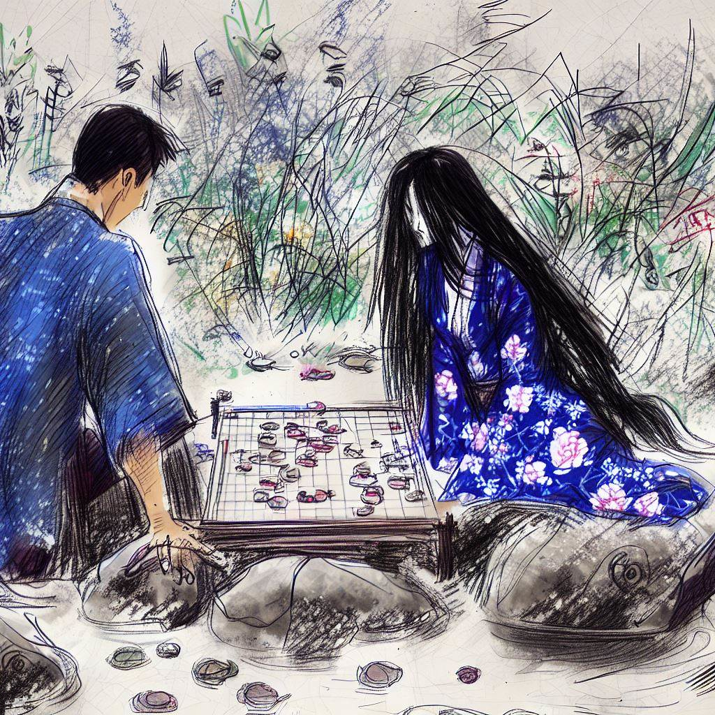 Une femme mystérieuse en kimono jouant à ōgi avec un homme dans un décor naturel, scène empreinte d'un subtil jeu de séduction.
