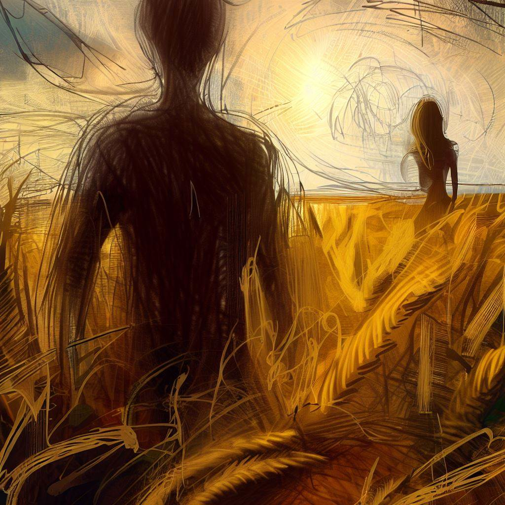 Silhouette masculine face à une femme dans un champ de blé au coucher du soleil, évoquant un rêve mystérieux.