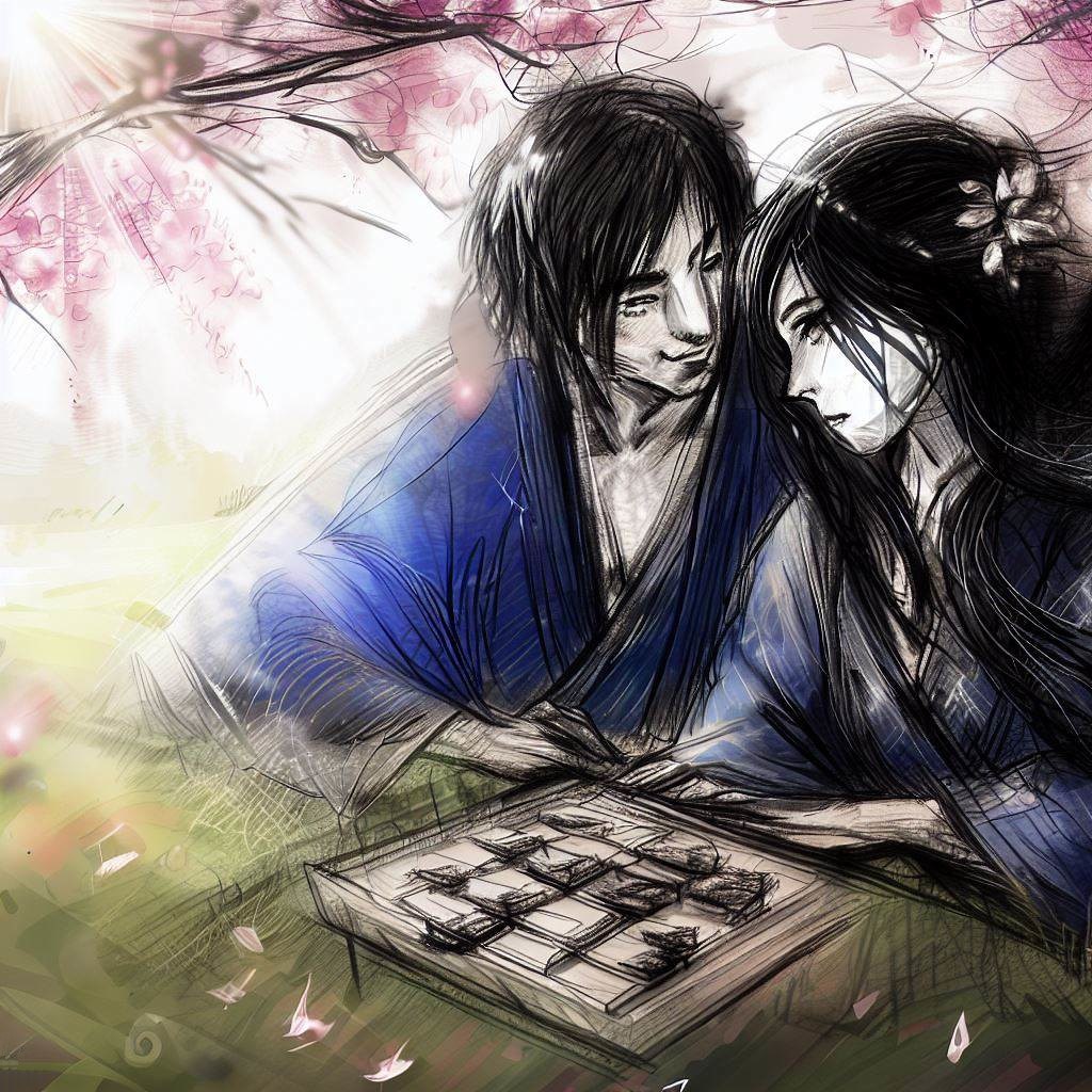 Une nymphe et un jeune homme partageant un moment intime autour d'un jeu de ōgi, entourés de la floraison des cerisiers, symbolisant une séduction mystique et un enjeu surnaturel.