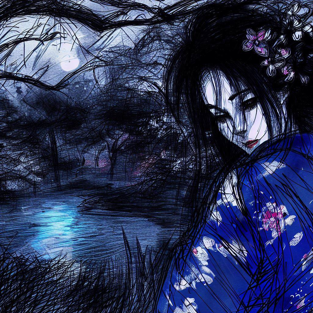Komayō, enveloppée de lueur lunaire dans un jardin crépusculaire, ses yeux scrutant l'horizon.