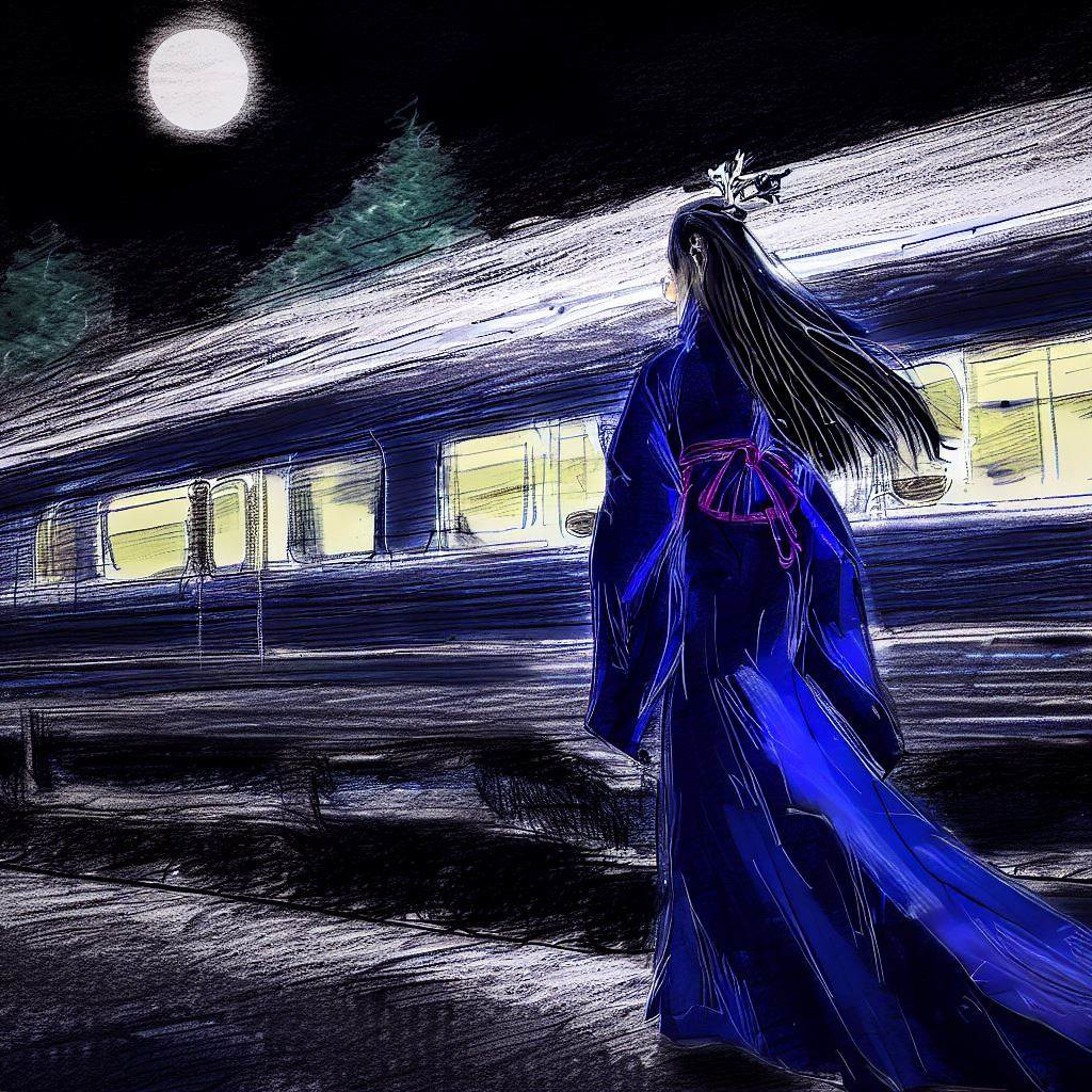 Une femme en kimono traditionnel se tient debout face à la lune, un train en mouvement en arrière-plan, évoquant un voyage mystérieux dans la nuit.