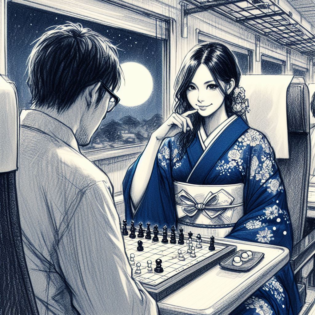 Takeshi, le champion du monde d'ōgi, concentré sur un jeu intense contre une femme mystérieuse en kimono bleu nuit, dans l'atmosphère silencieuse d'un wagon de train éclairé par la lune.