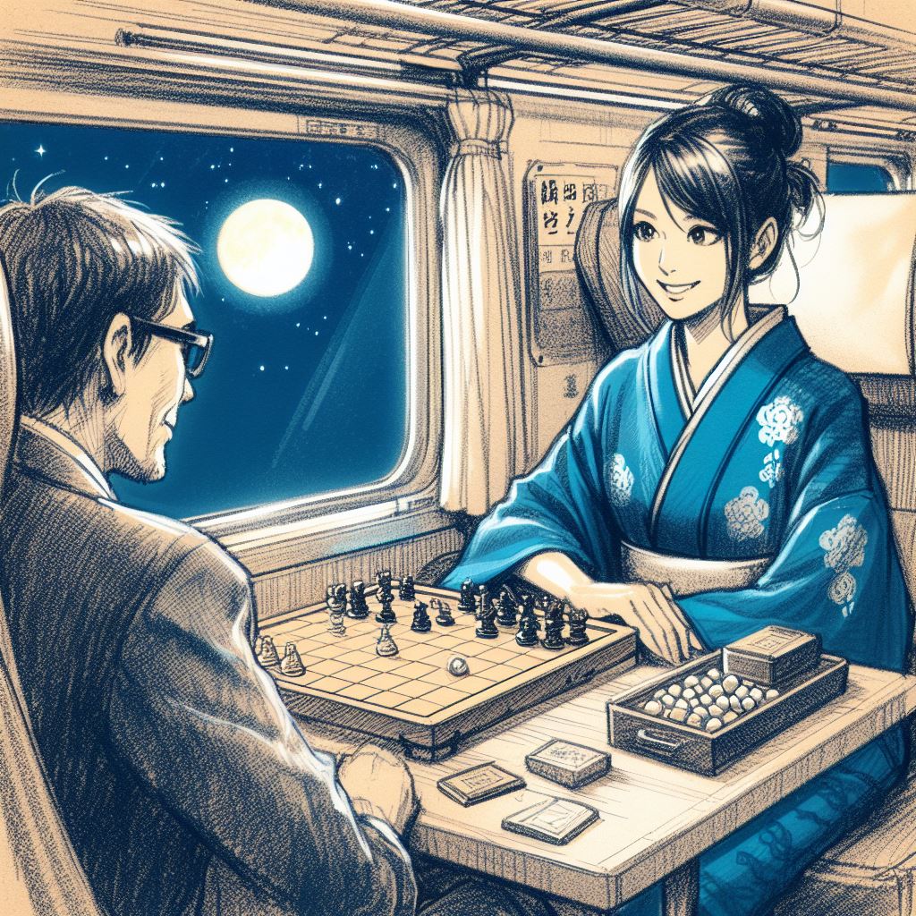 Takeshi se concentre intensément sur un match d'ōgi contre une adversaire attentive dans un train nocturne, avec la lune brillant à travers la fenêtre, symbolisant la tension et l'engagement mental de la partie.
