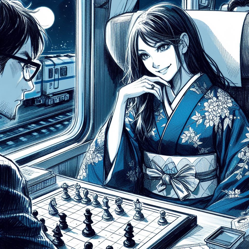 Takeshi, épuisé et surmené, joue une partie de ōgi contre une adversaire sereine et concentrée dans un train, la nuit tombée, illustrant le contraste entre son épuisement et la tranquillité de sa concurrente.