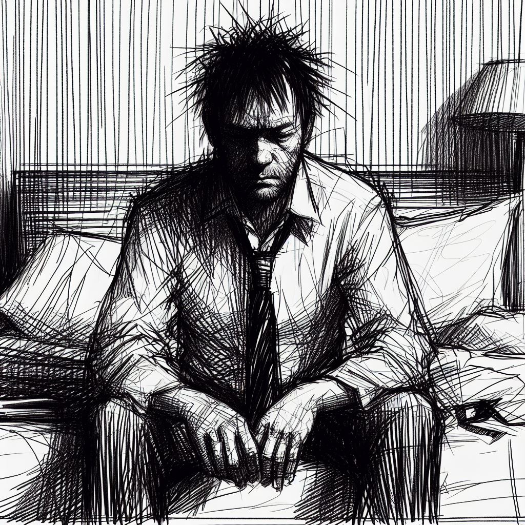Takeshi, le champion de ōgi, submergé par l'échec et l'insomnie, assis seul dans l'obscurité de sa chambre.