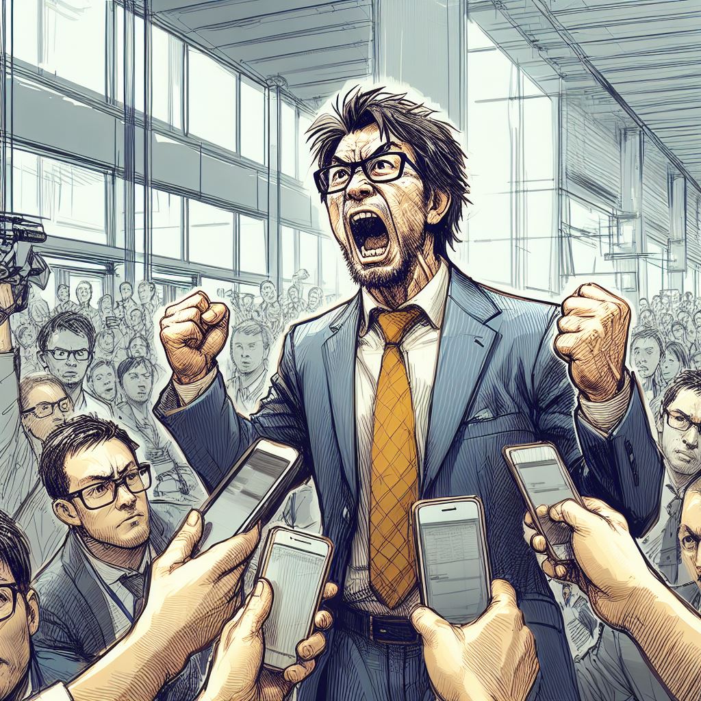 Takeshi, debout et déterminé, confronte la presse avec une révélation sur Komayō, dans une salle pleine de journalistes choqués.