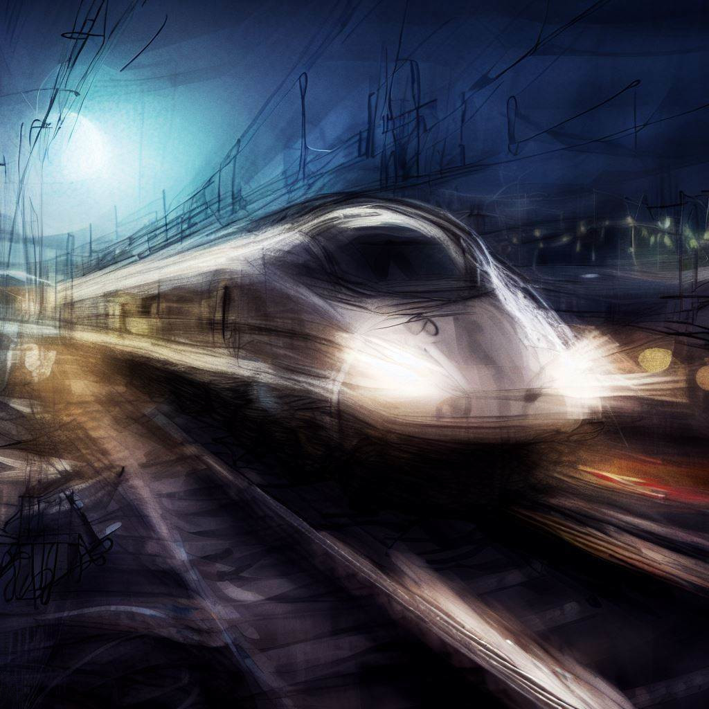 Train Shinkansen fonçant à grande vitesse dans la nuit, éclairé par la lune, capturant l'essence du voyage nocturne au Japon.