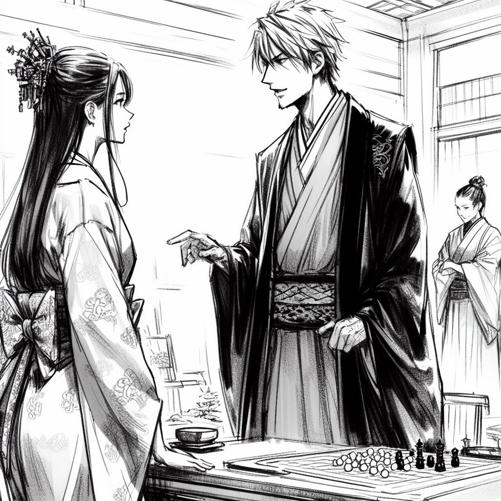 Une jeune femme en kimono face à un gokenin qui la questionne sur des accusations de sorcellerie dans une salle japonaise traditionnelle, avec une spectatrice en arrière-plan, évoquant une tension dramatique à l'époque Edo.