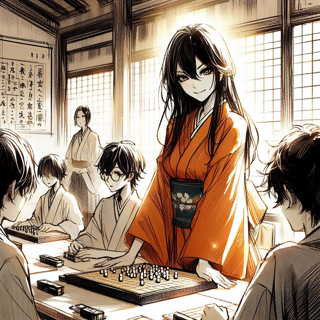 Jeune enseignante aux yeux et cheveux noirs, portant un kimono orangé, se tenant devant ses élèves qui pratiquent le jeu de ōgi dans un temple baigné de lumière solaire à l'époque Kamakura.
