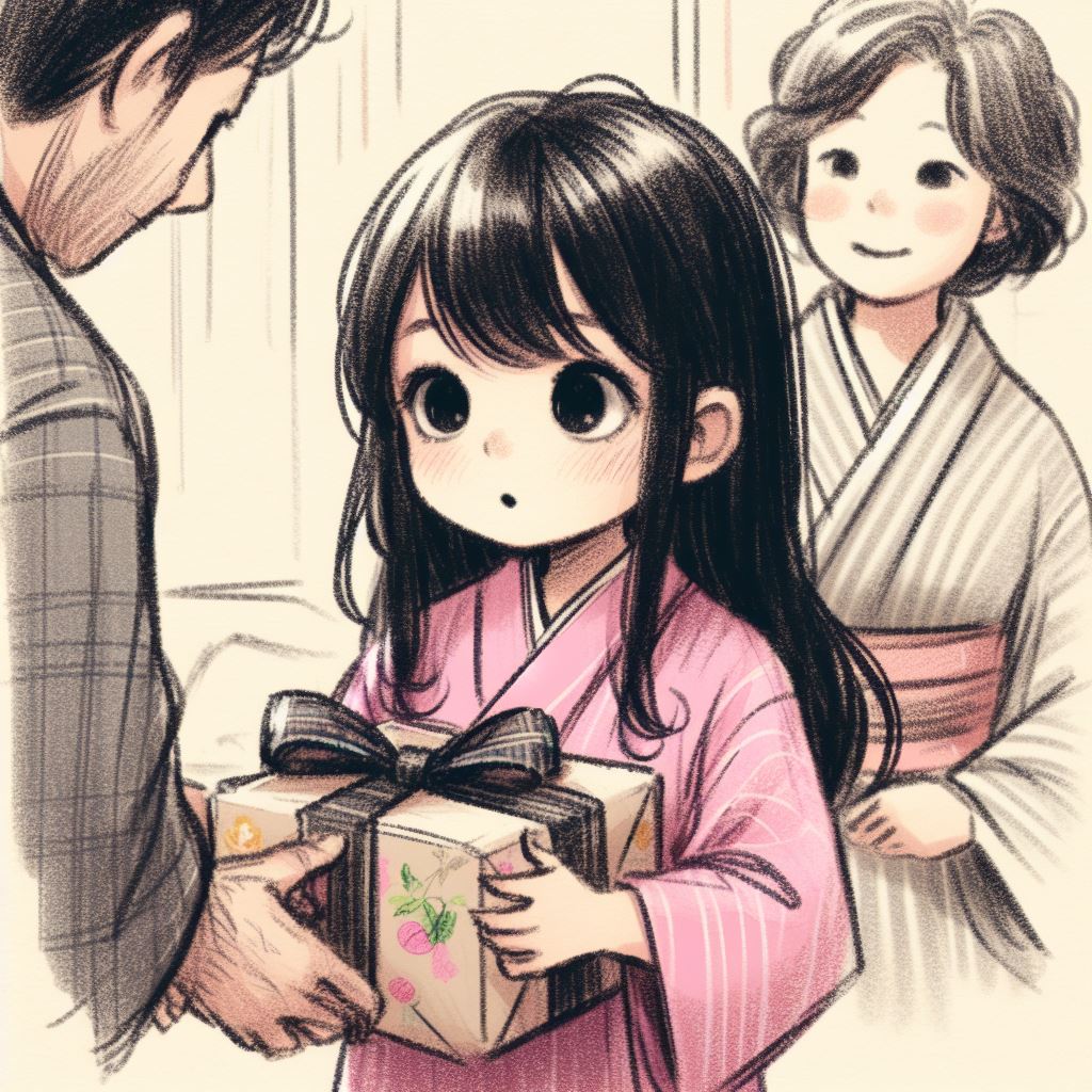 Jeune fille en kimono rose recevant un cadeau avec un motif de fleurs de cerisier d'un homme adulte, avec une femme souriante en arrière-plan.