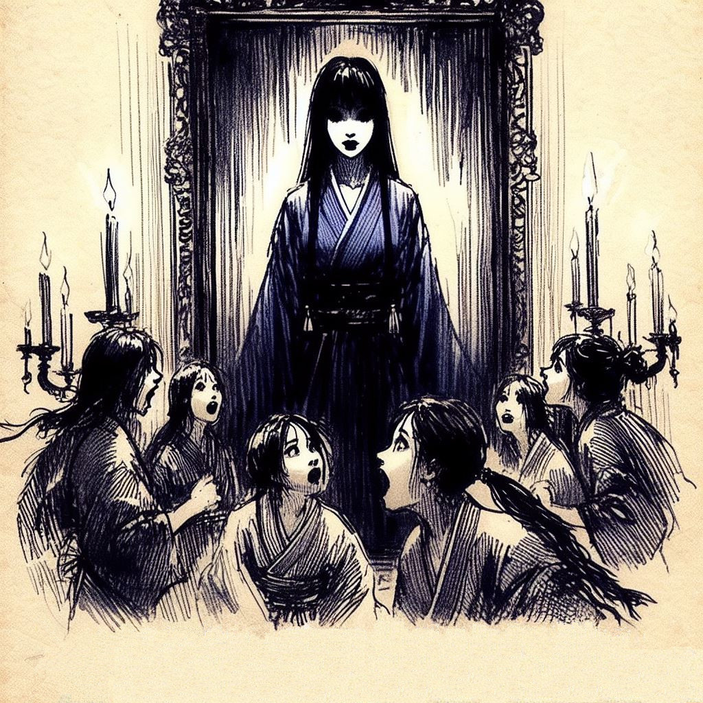 Komayō, immobile dans l'obscurité, se reflète dans un miroir alors que la panique s'empare des participants de la séance Hyakumonogatari Kaidankai, dans une pièce plongée dans le chaos et la peur.