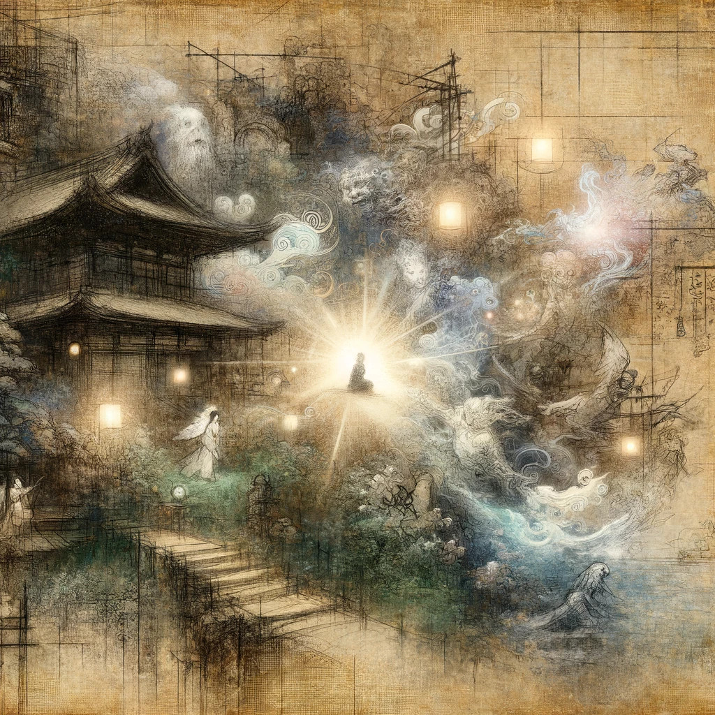 Une scène mystique évoquant la période Edo du Japon, où une lumière intérieure brillante guide à travers l'obscurité, entourée de motifs folkloriques surnaturels et d'une ambiance ancienne.