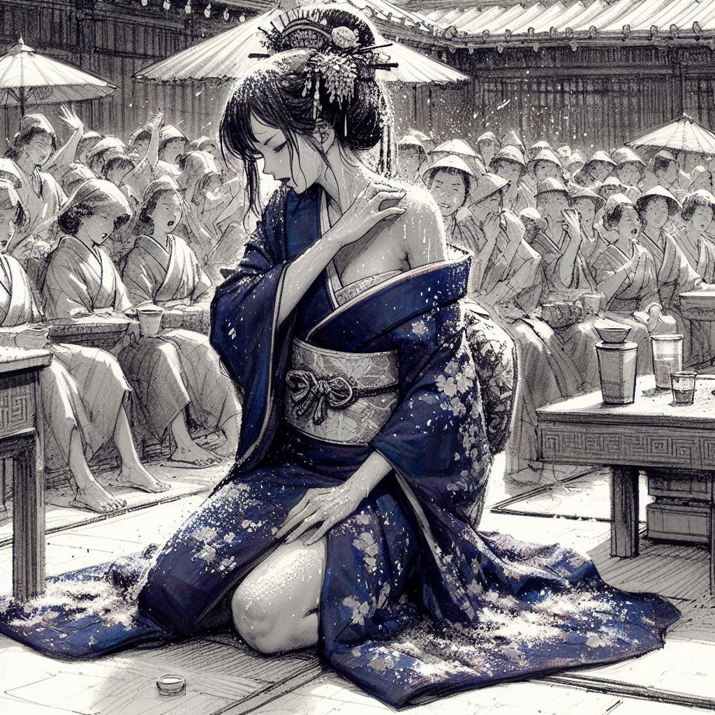 Mayoko, assise et accablée sous la chaleur écrasante devant une foule de spectateurs, souffre des rigueurs de son kimono bleu nuit brodé. Son visage exprime le malaise tandis qu'elle tente de rester digne malgré l'inconfort évident.