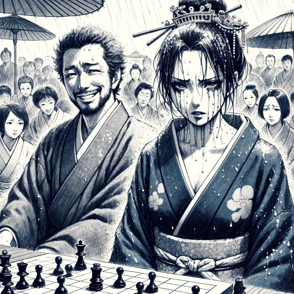 Mayoko, visiblement tendue, fait face au gokenin lors d'un duel crucial d'ōgi, sous les regards intenses d'une foule qui enregistre la solennité de l'événement et la gravité des enjeux pour elle.