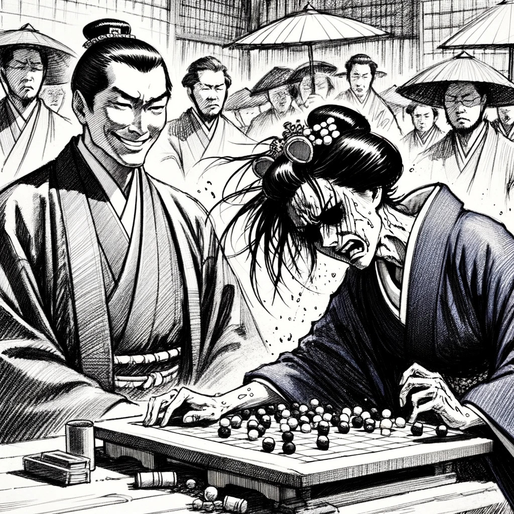 Mayoko, écrasée par la fatigue et la chaleur, s'effondre sur l'ōgiban pendant un duel intense, sous le regard amusé de son adversaire et l'attention inquiète des spectateurs.