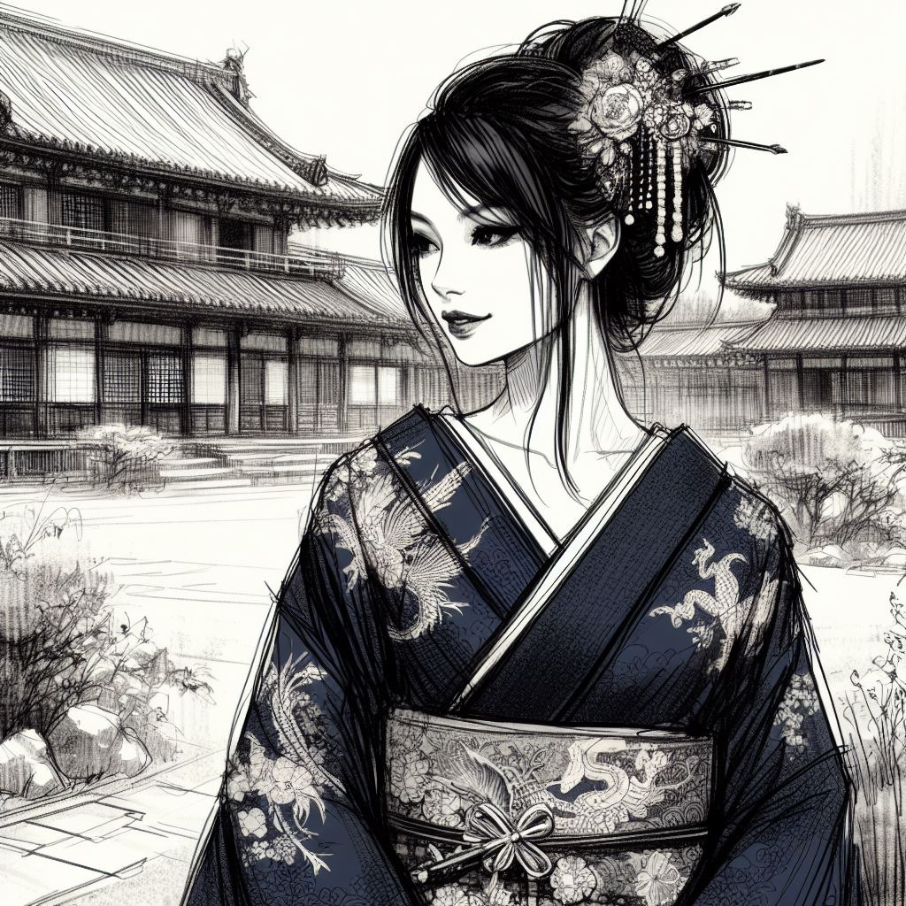 Mayoko se remémore son passé, vêtue d'un kimono bleu nuit riche en motifs floraux, dragons et phénix, avec une coiffure ornée de kanzashi simples et un obi assorti, symbolisant la force et la renaissance lors d'un grand duel dans la cour du gokenin.