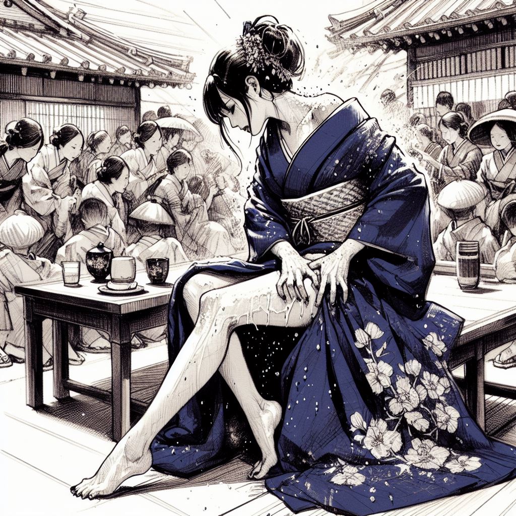 Mayoko, dépeinte avec une expression de malaise alors qu'elle se gratte discrètement le bras, symbolisant l'inconfort causé par le kimono rugueux pendant une journée chaude et humide.