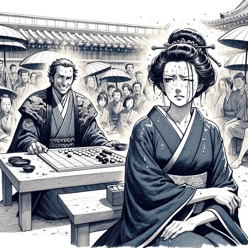 Mayoko, visiblement affectée par le sel dans ses yeux, fait face à son adversaire dans un jeu d'ōgi, luttant pour garder sa clarté de vision et sa concentration sous le regard de la foule.