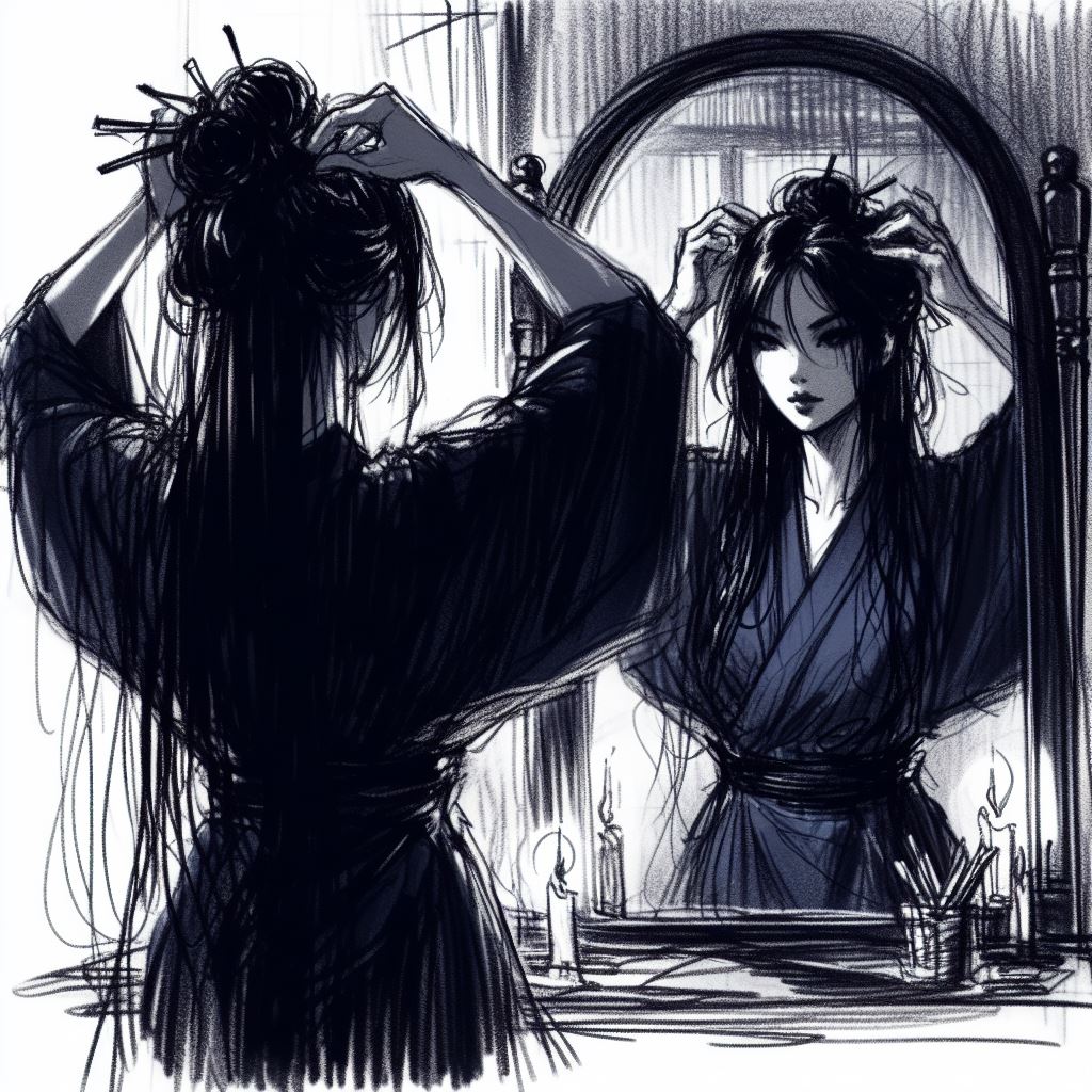 Dans la pénombre, Mayoko se tient devant un miroir et retire lentement les barrettes de ses cheveux noirs, qui tombent en cascade sur ses épaules, capturant un moment de beauté sereine et de force tranquille.
