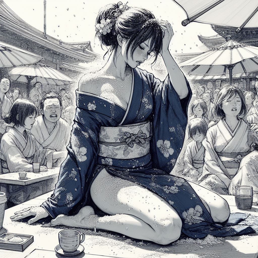 Mayoko touchant son visage avec une expression de douleur, évoquant la brûlure des grains de sel, alors qu'elle est assise, perdue dans ses pensées lors d'une journée chaude et éprouvante, entourée de spectateurs.