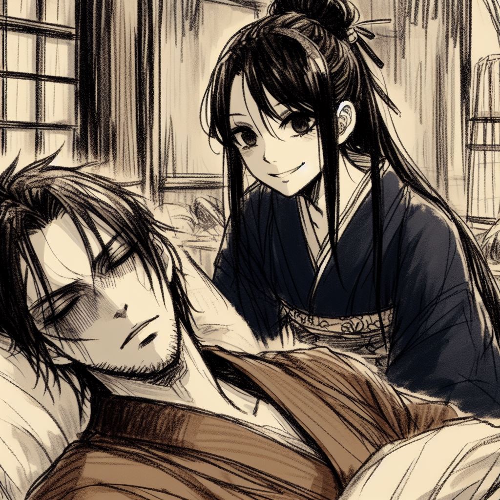 Mayoko se tient avec une grâce silencieuse près du gokenin endormi, son expression est sereine mais déterminée, évoquant son attente patiente de la reprise du jeu d'ōgi sous le clair de lune.