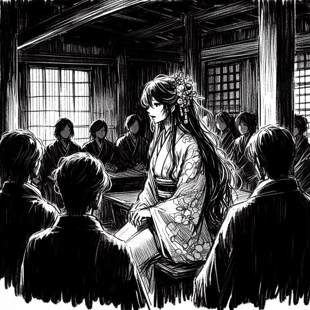 Femme élégante en kimono traditionnel narratant des histoires à un groupe attentif pendant une séance de Hyakumonogatari Kaidankai à l'époque Edo.