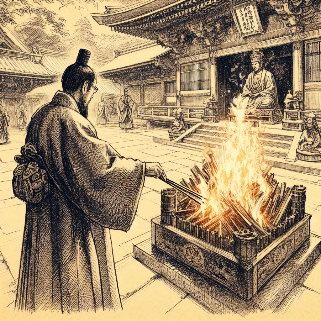 Un prêtre en tenue traditionnelle ajoutant un ōgiban à un feu sacré dans un temple, sous le regard attentif d'autres figures, évoquant un lien entre le monde terrestre et celui des esprits.