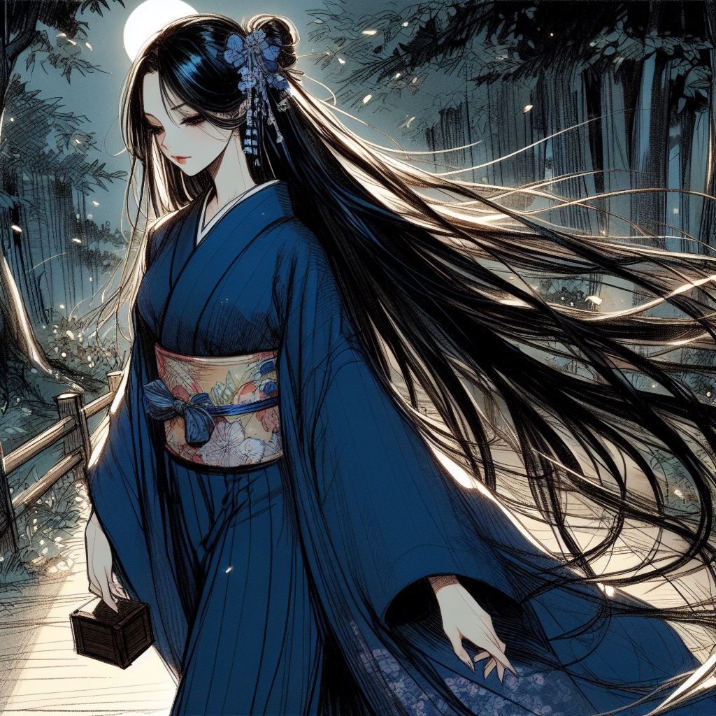 Femme élégante en kimono bleu marchant de nuit, cheveux longs au vent, tenant une boîte mystérieuse.
