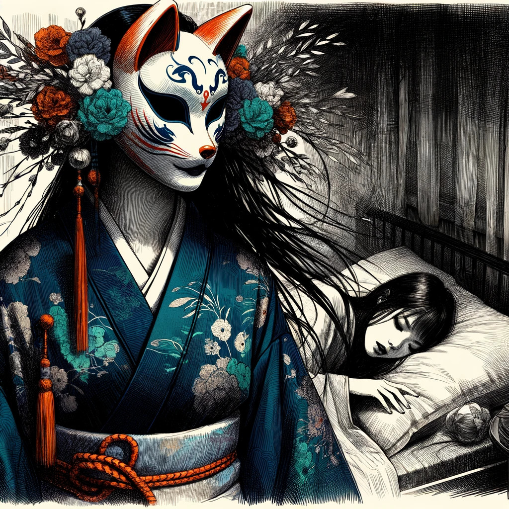 Une femme élégante en kimono bleu nuit aux motifs floraux, portant un masque de renard, à côté d'une autre femme endormie, évoquant une scène chargée de mystère et de beauté traditionnelle japonaise.