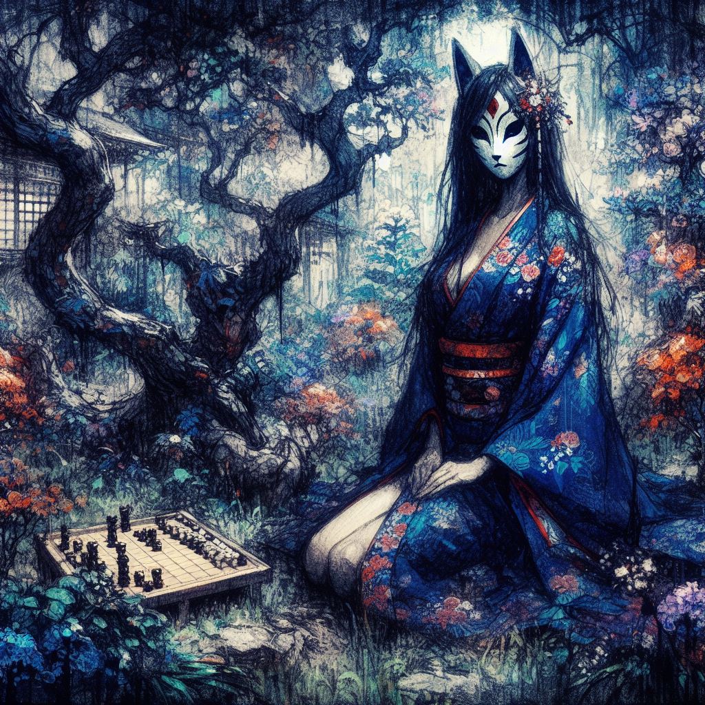 Une femme mystérieuse portant un masque de renard est assise dans un jardin japonais. Elle est entourée d'arbres et de plantes, et elle semble jouer au ōgi.