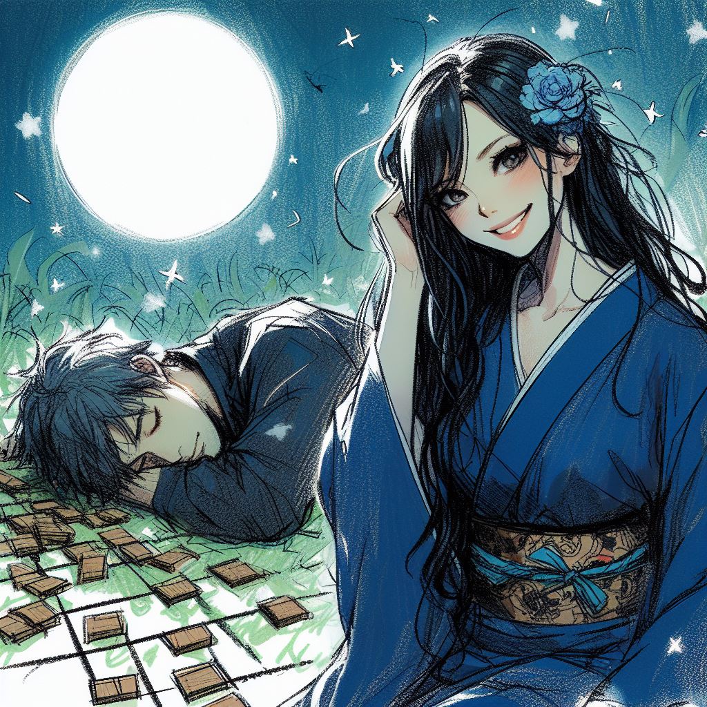 Homme endormi à côté d'un plateau de jeu Ōgi sous une lune brillante, avec une femme souriante en kimono.