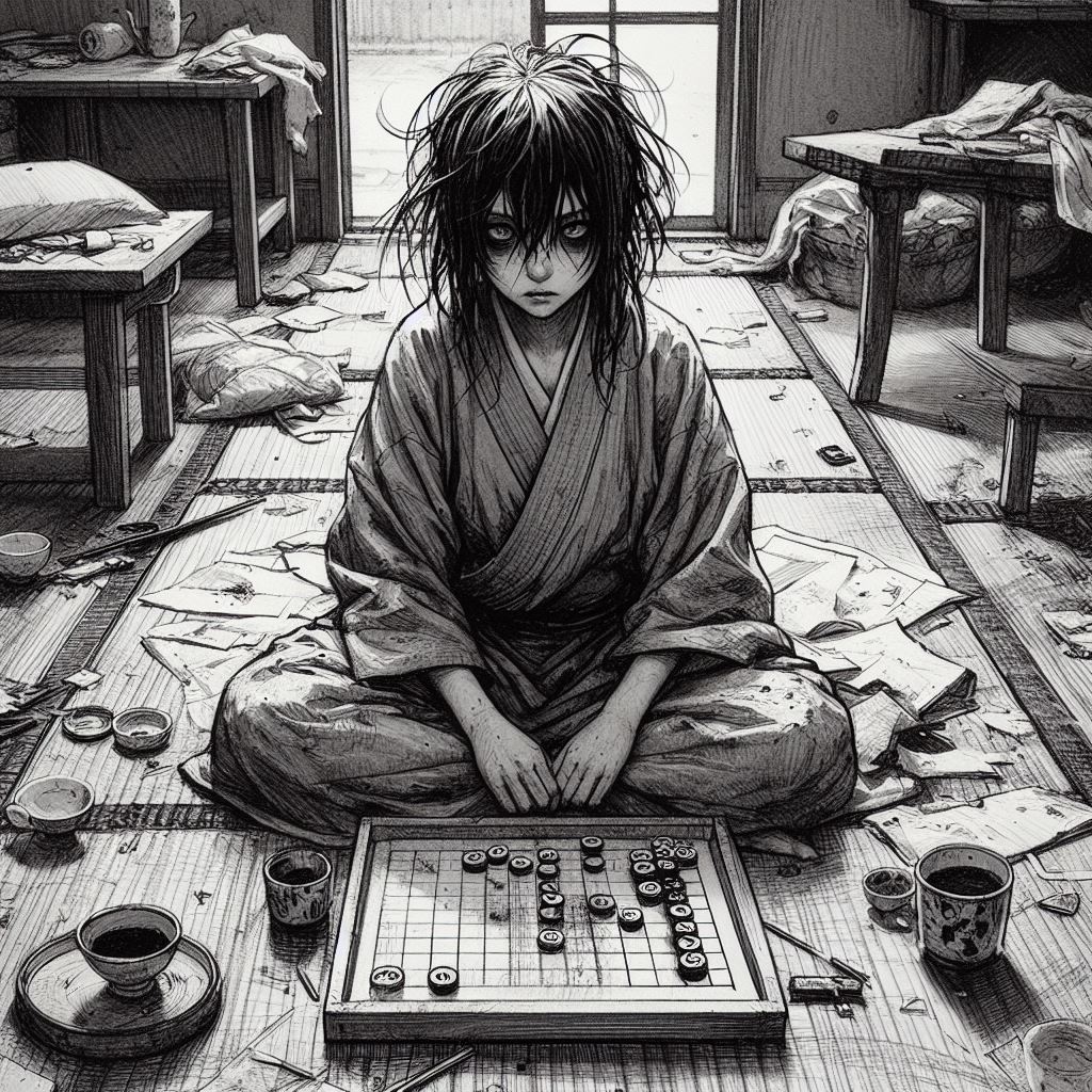 Yuki assise en tailleur sur un tatami, perdue dans ses pensées devant un plateau de Ōgi, dans une pièce en désordre.