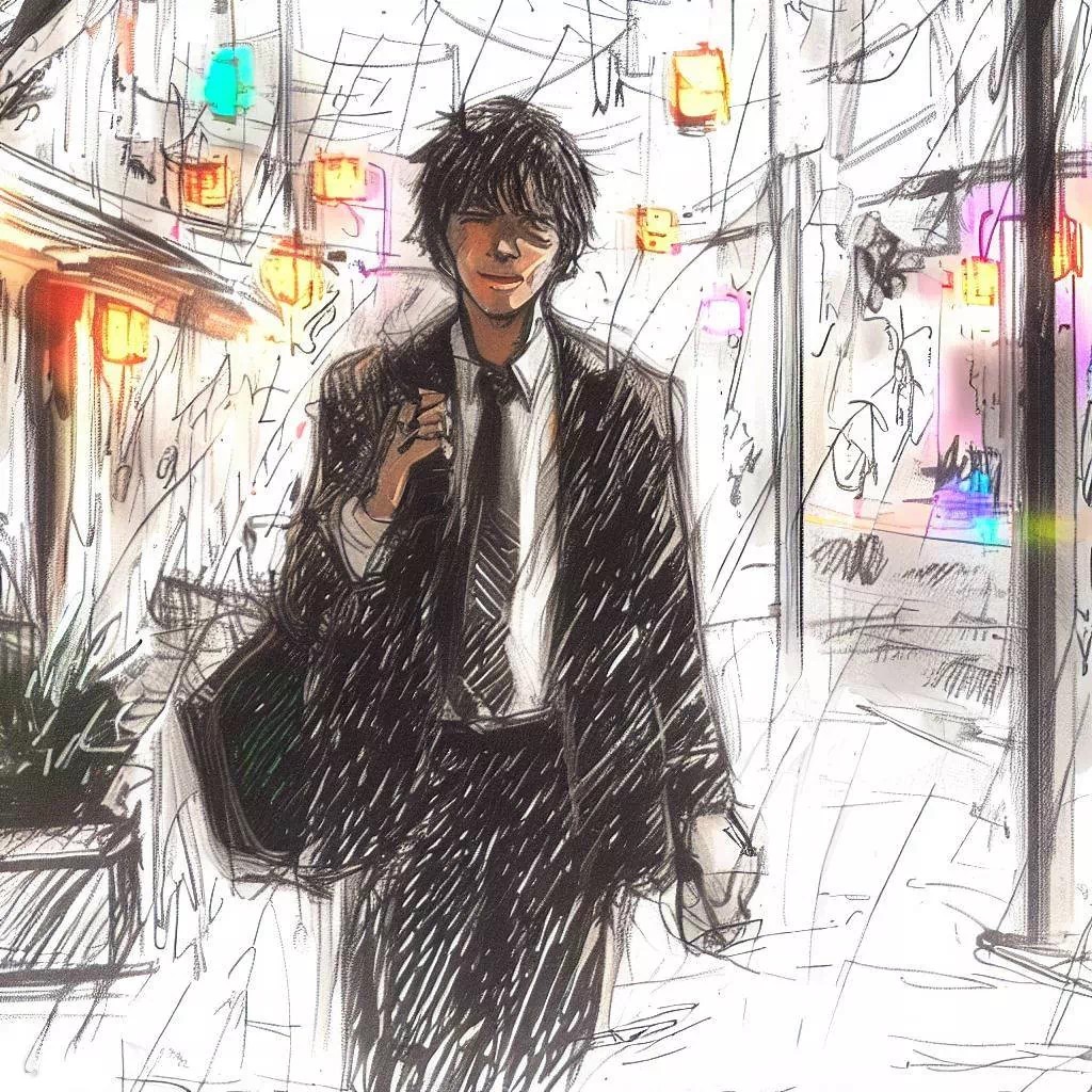 Un homme seul souriant, se promène dans l'aube naissante des rues silencieuses d'Ōsaka, avec un ciel bleu pâle contrastant le noir de la nuit passée, symbolisant une mélancolie teintée d'espoir.