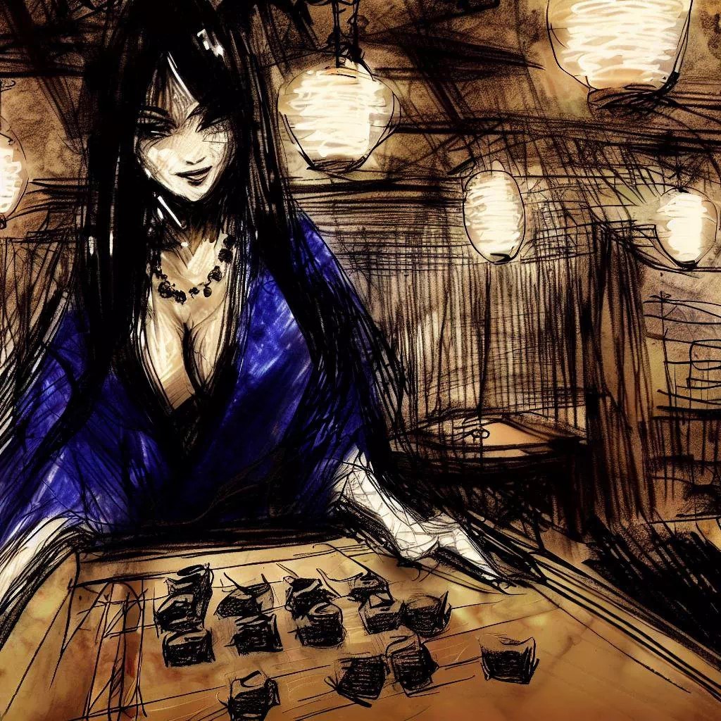 Une jeune femme en kimono bleu répond à une ouverture d'échecs avec ses pièces de ōgi, ses yeux reflétant une stratégie profonde et une sérénité, dans une salle éclairée par une lumière douce et accueillante.