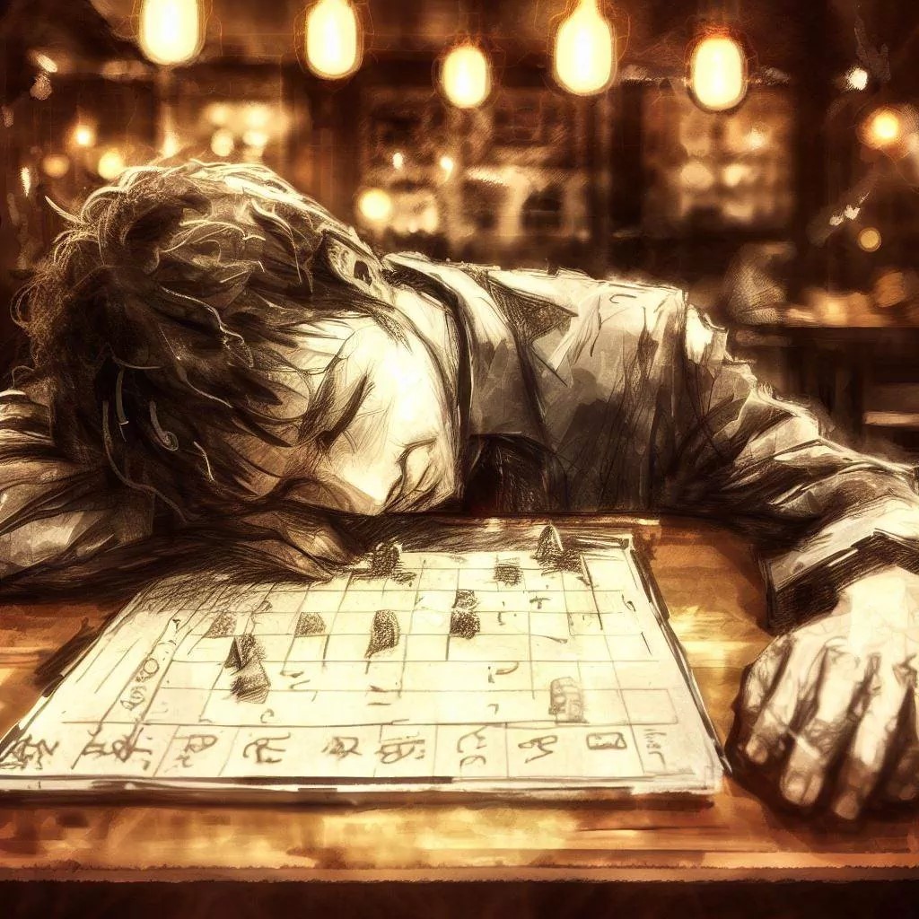 Une personne endormie sur un jeu de stratégie, symbolisant une évasion du temps et une lutte intérieure pour revenir à la réalité, dans une ambiance sombre et apaisante.