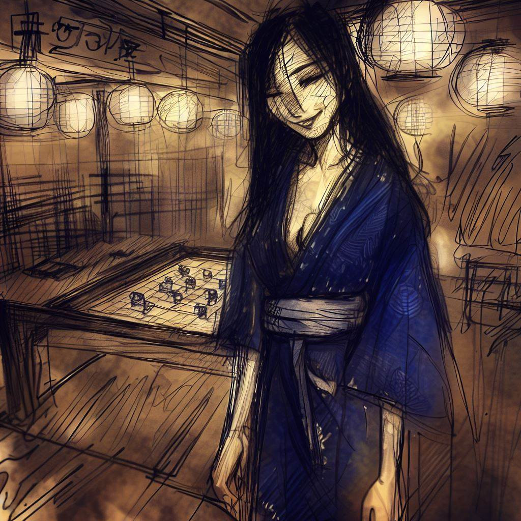 Une femme se tenant debout devant un échiquier dans un établissement éclairé par des lanternes, capturant une scène de contemplation et de mystère dans le quartier d'Umeda, la nuit.