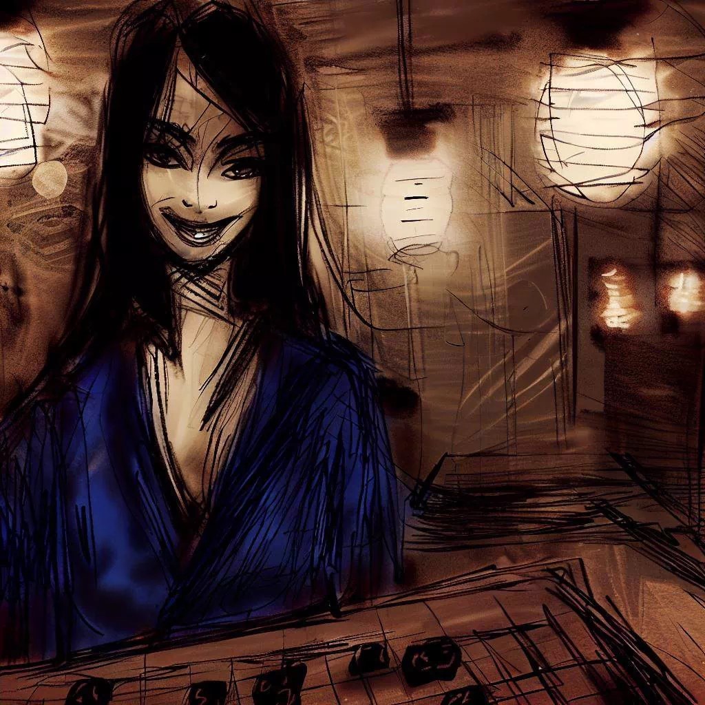 Une joueuse de ōgi avec un sourire triomphant, évoquant une épiphanie lors d'une partie de jeu, dans une pièce éclairée de lanternes qui crée une atmosphère d'éveil spirituel et de connexion profonde.