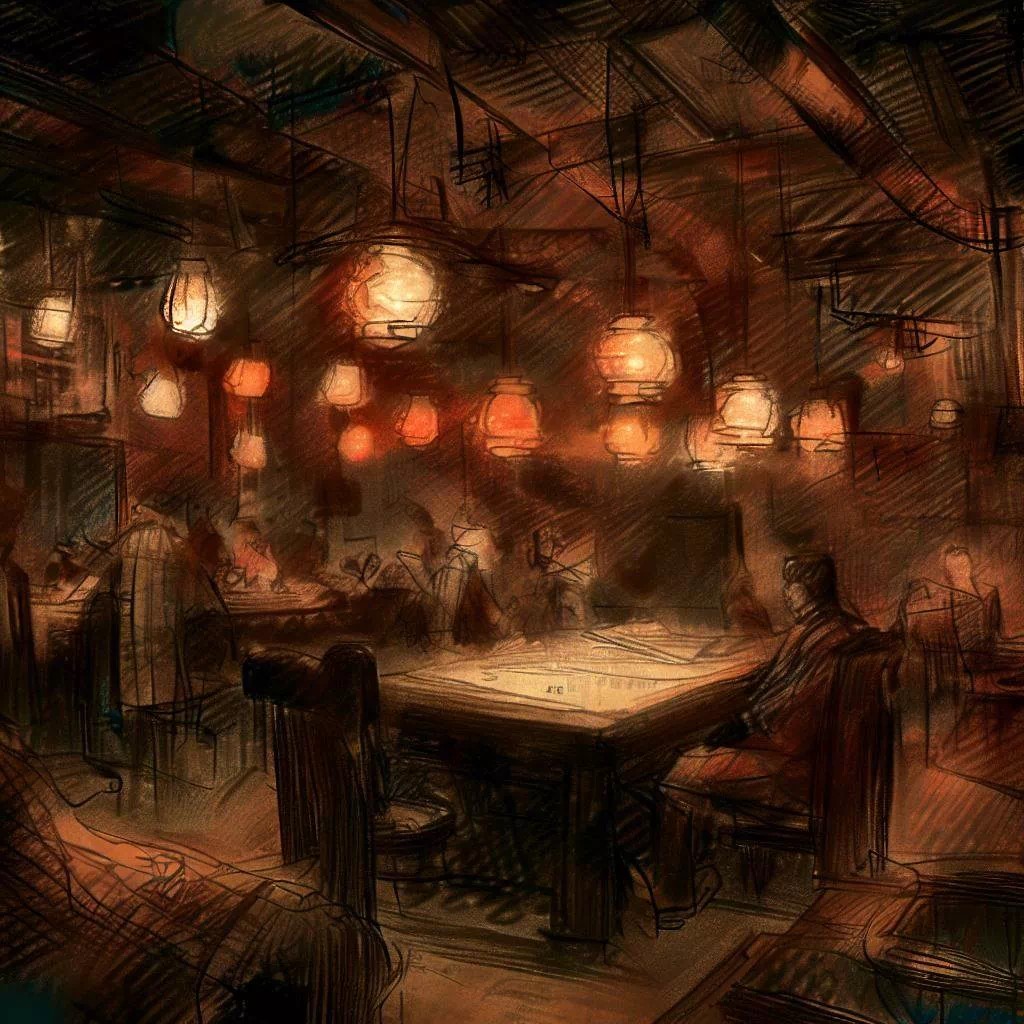 Intérieur d'un bar chaleureux avec des lanternes diffusant une lumière tamisée sur des personnes jouant aux échecs, évoquant une ambiance conviviale et contemplative.
