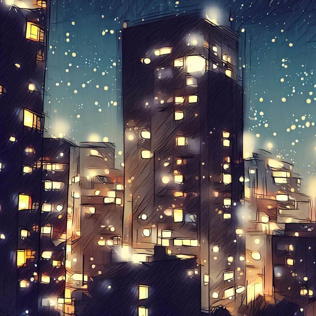 Un paysage nocturne urbain, avec des immeubles illuminés sous un ciel étoilé, évoquant la chaleur des foyers et la magie d'une nuit hivernale.