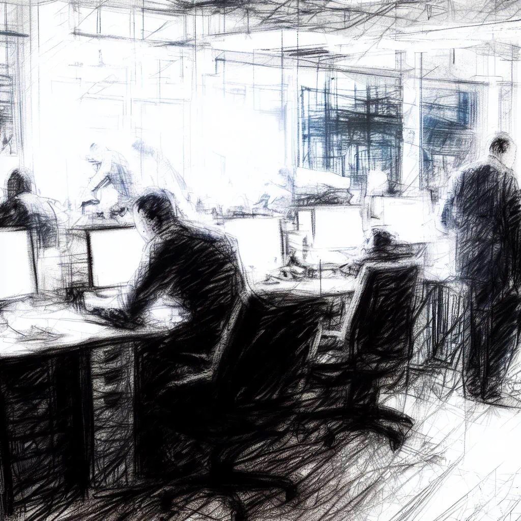 Une figure solitaire travaille tard dans un bureau obscur, entourée de silhouettes floues de collègues, illustrant l'éloignement et la dissociation dans l'environnement corporatif.